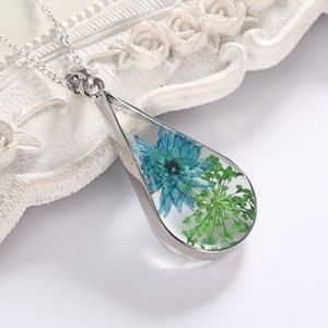 Pressed Blue Flower in Glass Tear Necklace